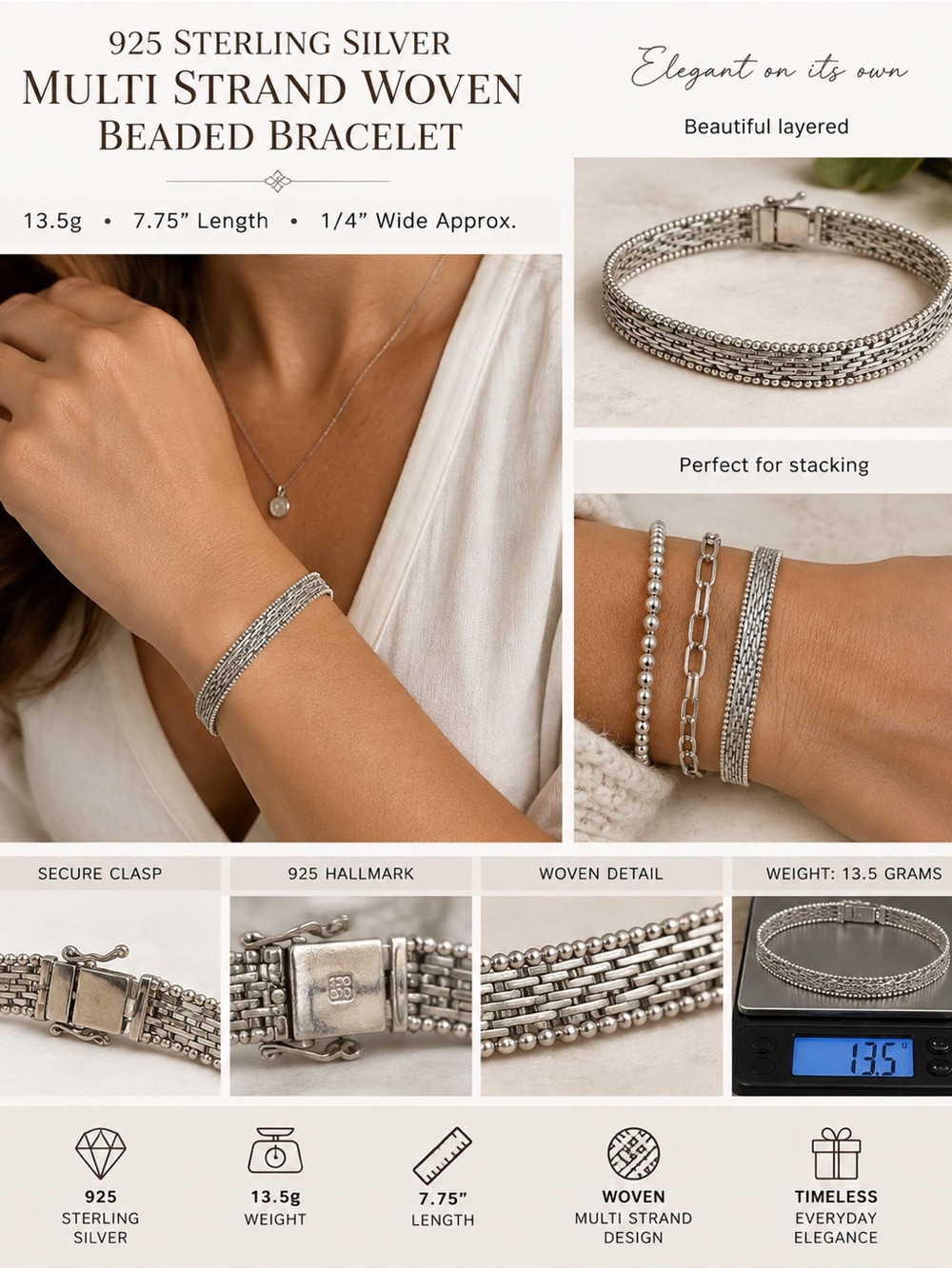 925 Sterling Silver Multi Strand Woven Beaded Bracelet 13.5g 7.75" Vintage Style